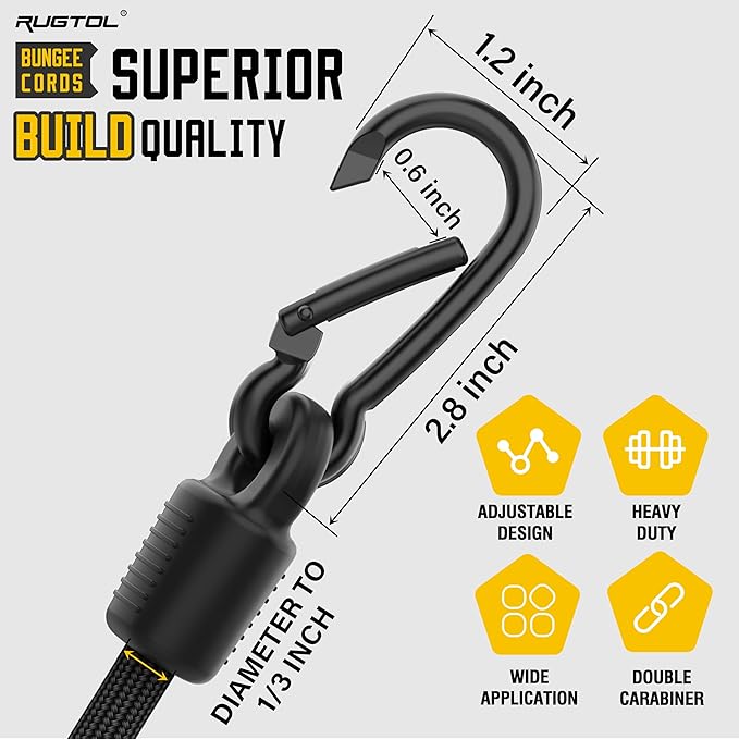 Adjustable Bungee Cords with Hooks, 6 Pack Heavy Duty Outdoor Carabiner Bungee Cord, Black Super Elastic Bungee Straps Easily Adjust from 7" to 48", Great for Cargo, Camping, Bike Racks, Tents