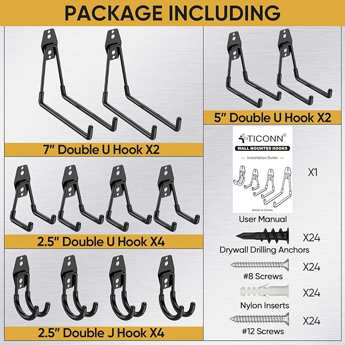 TICONN 12 Pack Heavy Duty Garage Hooks, Steel Utility Wall Storage Hooks, Wall Mount Hanger Organizer for Ladders, Bikes, Tools, Bulky Items (Set, Orange)
