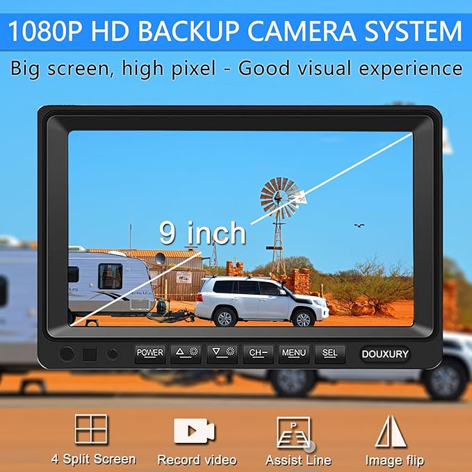 Backup Camera System with 9'' Quad Split 1080P Monitor for RV Trailer Semi Truck Camper Bus & 4 AHD Rear Side View Camera with DVR Record Function Night Vision IP69 Waterproof Avoid Blind Spot DOUXURY