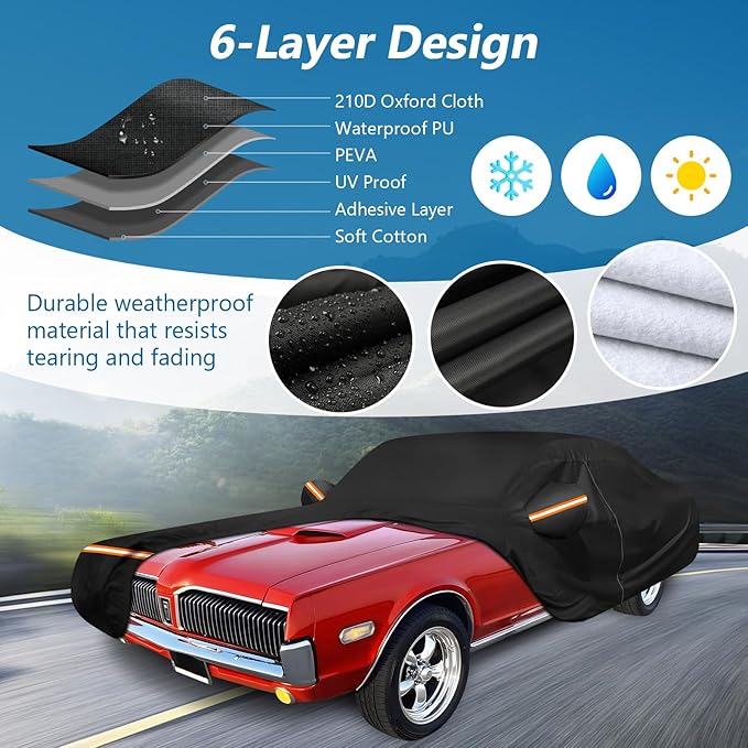 Car Cover for Mercury Cougar 1967-1973,1980-1997, Waterproof 210D Oxford Cloth and Cotton Cover Outdoor Car Cover with Zipper Windproof Heavy Duty All Weather