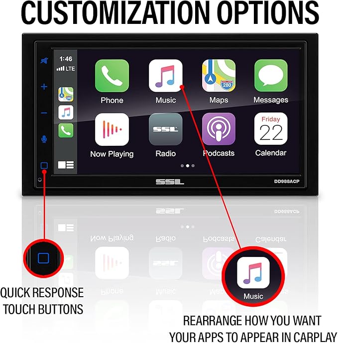 Sound Storm Laboratories DD988ACP Car Audio Stereo System – Apple CarPlay Android Auto, Double-Din 6.75 Inch Capacitive Touchscreen, Bluetooth Audio and Hands-Free Calling, No CD Player