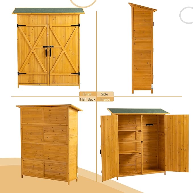 56" L x 19.5" W x 64" H Outdoor Wooden Storage Shed with Lockable Door, Waterproof Roof,Detachable Shelves for Garden Tools,Natural Wood