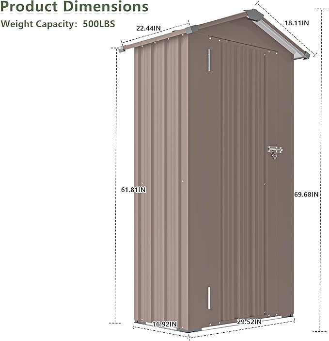 2.5x1.4 FT Outdoor Storage Shed, Small Metal Garden Shed with Adjustable Shelves, Mini Outside Tool Sheds with Lockable Hinged Door, Waterproof Outdoor Storage Cabinet for Backyard, Patio, Lawn, Brown