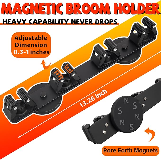 Magnetic Broom Holder Rack,Strong Magnetic Mount Mop Holder 4 Racks for Cleaning Tools,Non-slip Magnetic Tool Holder Broom Hooks for Apartment RV Camper Garage Kitchen