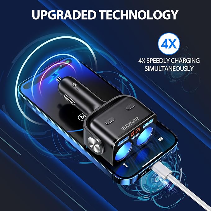 Car Cigarette Lighter Splitter, BUVAYE 12V/24V Dual Cigarette Lighter Adapters for Cars 2-Socket Car Charger Adapter for iPhone/iPad/GPS/Dash Cam/Laptop