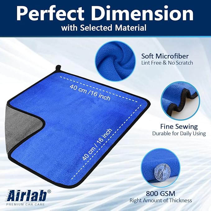 Airlab Microfiber Towels for Cars Wash Drying Thick Plush Cleaning Cloth Auto Detailing Super Absorbent for Interior & Exterior Lint Free, Streak Free, 16" X 16", 800 GSM, Pack of 4