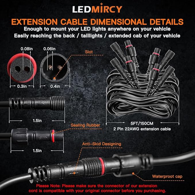 LED Rock Lights Extension Cable Wire Cord 2Pin Waterproof 4PCS 5ft 22AWG with Male to Female Connectors 11mm Nut Size for Wheel Lights Spot Flood Light Driving Fog Light for Truck