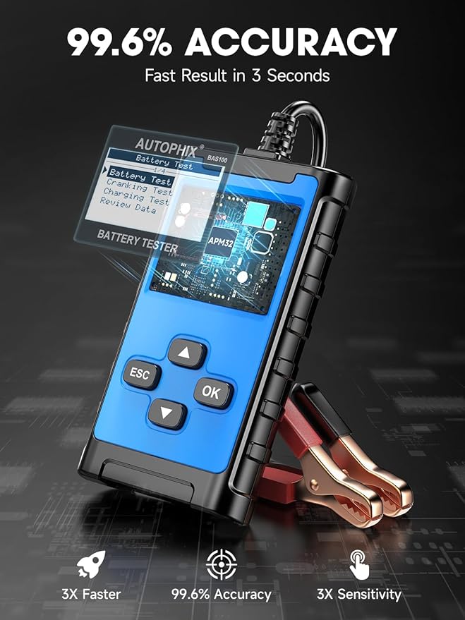 AUTOPHIX BAS100 Car Battery Tester, 12V 24V Load Tester, 100-2000 CCA Digital Automotive Alternator Tester, Auto Battery Analyzer Charging Cranking System Tester for Car Truck Motorcycle Boat and More