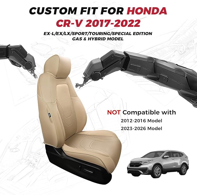 FREESOO CRV Seat Covers Full Set, for Honda CRV LX EX EX-L Sport Touring Hybrid 2017 2018 2019 2020 2021 2022, Custom Fit Seat Covers, Waterproof Leather Car Seat Covers, Beige