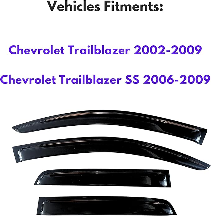 KPY Window Visor Compatible with Chevrolet Chevy Trailblazer 2002-2009 & Trailblazer SS 2006-2009, 4PC Rain Guard Side Window Vent Deflectors Tape-On Style, 2002 2003 2004 2005 2006 2007 2008 2009