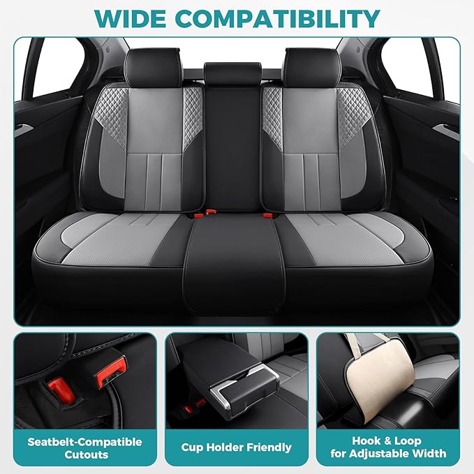 Car Seat Covers Full Set - Universal Seat Covers for Cars SUV Truck – Faux Leather Automotive Seat Covers, Breathable & Waterproof Front and Rear Seat Protectors, Fit for Most Cars-BlackGrey