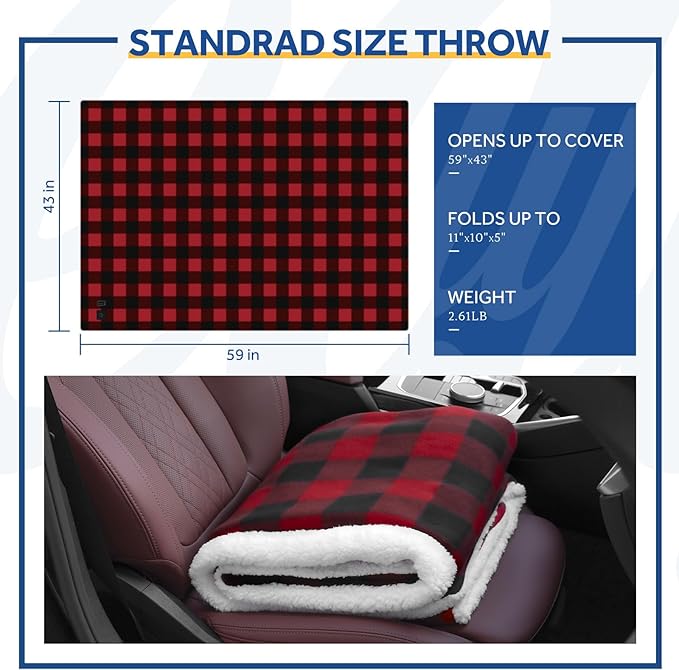 Sealy 12-Volt Heated Car Blanket with 2 Output USB Ports, 3 Heating Levels & 4 Hours Auto Off, Electric Blanket for Car Truck, SUV, RV or Camping, Machine Washable, 59" X 43", Plaid