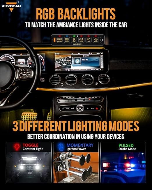 Auxbeam 6 Gang Slim Switch Panel Bluetooth RGB AS-600 with APP&Remote Control Toggle Momentary Pulsed Switch Pod Off Backlight for Truck Offroad UTV ATV Car Marine 12-24V Waterproof, 2 Years Warranty