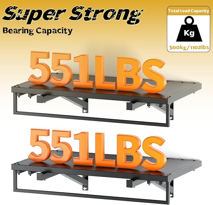 2pcs Garage Wall Shelving - 42in Extra Large Heavy Duty Floating Shelves with 30 Hooks, Load Capacity 1102 Lbs, Hanging Garage Storage Rack, Tool Hanger Organizer Utility Rack, For Home, Workshop
