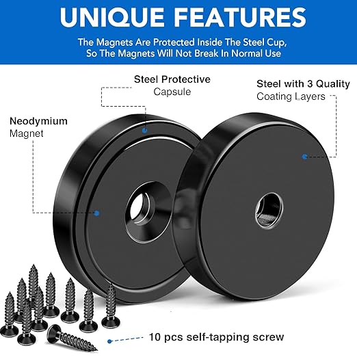 MIKEDE 10 Pack Strong Magnets Heavy Duty, 150LB Neodymium Cup Magnets with Countersunk Hole, Stainless Screw for Wall Mounting, Rare Earth Magnet Black Round Base Disc Magnet 1.4" D x 0.27" H