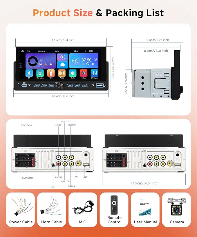 Car Stereo Single Din Wireless Carplay 6.86 inch Touch Screen Android Auto, Rimoody Car Radio with Bluetooth 5.2 Mirror Link FM/EQ USB/AUX/TF/SWC/MIC Car Audio Receiver with Backup Camera
