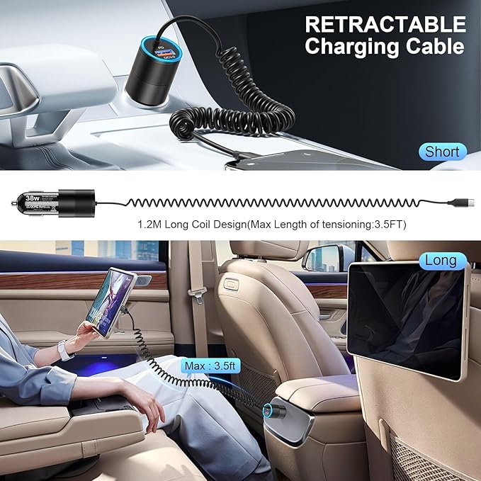 Car Charger USB C,38W Super Fast Car Adapter with PD 3.0 Bulit in 3.5FT USB C Coiled Cable,Car Phone Charger Fast Charging Compatible with iPhone 16/15 Pro Max,Galaxy S25/S24/S23 Note 20/10,Pixel