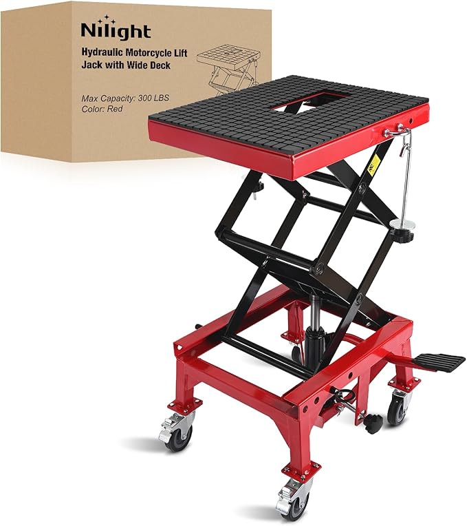 Nilight Motorcycle Lift Table Jack 300 LBS Heavy Duty Hydraulic Motorcycle Scissor Jack Lifts Table Foot Pedal with 4 Caster Wheels Wide Deck for Motorbike Dirt Bike ATV Garage Repair Tool, Red