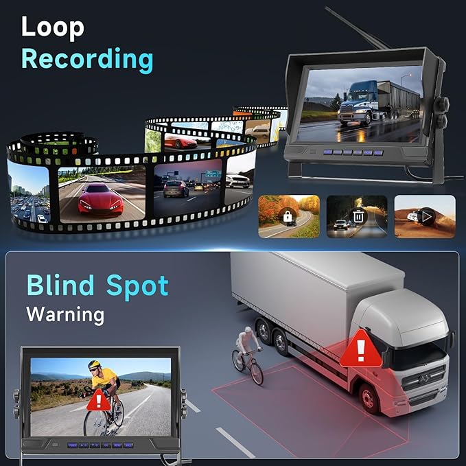 Hodozzy Wireless Backup Camera Digital System Kit, 9 Inch Dual Split Screen Monitor with Blind Spot Warning, IP 68 Waterproof 2 Backup Camera, Recording,Night Vision,Loop Record Trucks/RV/SUV