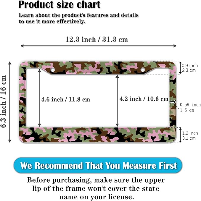 License Plate Protector Multicolor License Plate Frames Pink Camouflage Camo Aluminum Metal Car Accessory 2 Pack with Screw Covers Set