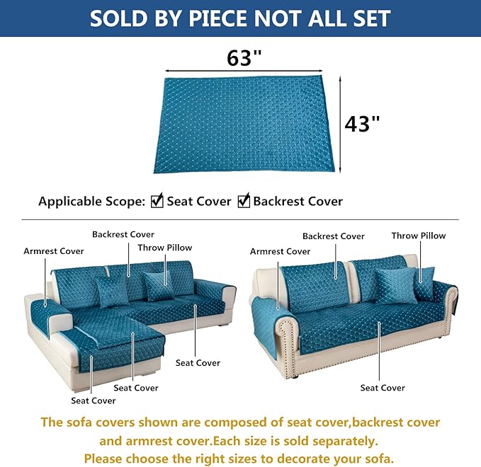 Eismodra Couch Cover,Sectional Couch Covers,Sofa Covers for 3 Cushion Couch,Anti-Slip Sofa Slipcovers for Dogs Cats Kids Loveseat Recliner L Shaped Armrest Backrest,Blue 43''x63''(Only 1 Piece)