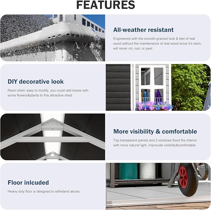 Resin Storage Shed with Floor 8x6x7 FT Outdoor Waterproof Wider Door Plastic Sheds Kit for Backyard Garden Patio Lawn Tools, Gray