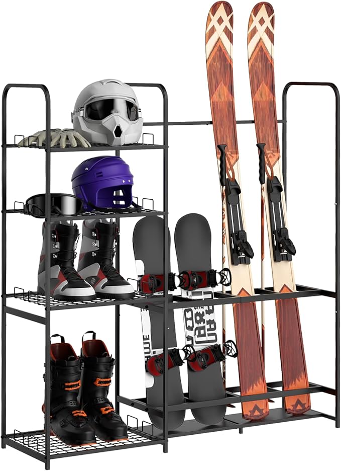 Ski Rack for Garage Freestanding Ski Storage Rack Metal Ski Holders with Storage Shelf Heavy Duty Floor Stand Ski Organizer for Snowboard Ski Poles Ski Boot Goggles Helmet