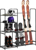Ski Rack for Garage Freestanding Ski Storage Rack Metal Ski Holders with Storage Shelf Heavy Duty Floor Stand Ski Organizer for Snowboard Ski Poles Ski Boot Goggles Helmet