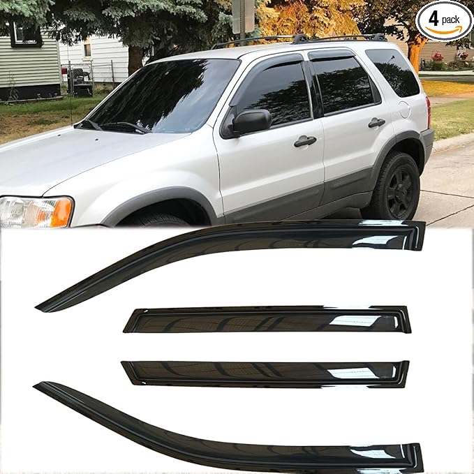 4pcs Shatterproof Outside Mount Style Sun Rain Guard Stylish Side Window Wind Deflectors Dark Smoke Vent Window Visors fit for 01-12 Escape 08-11 Mazda Tribute 05-11 Mercury Mariner 94059