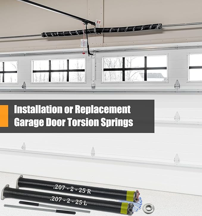 Garage Door Torsion Spring Set, Pair of 2" Electrophoresis Coated Garage Door Springs Replacement with 2 Non-Slip Winding Bars and Bearing, Minimum 16000 Cycles (.207x2x25)
