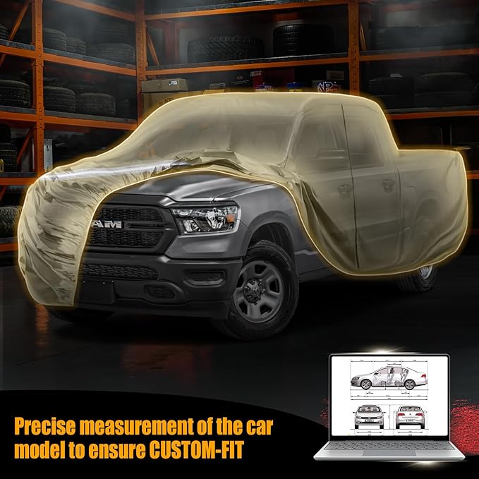 Waterproof Truck Covers Replace for Ford F150 / Dodge Ram 1500 CrewCab 5.5 ft, Multilayer Heavy Duty with Cotton Liner Car Cover with Zipper Door, Windproof Bands for Snow Rain Dust Protection