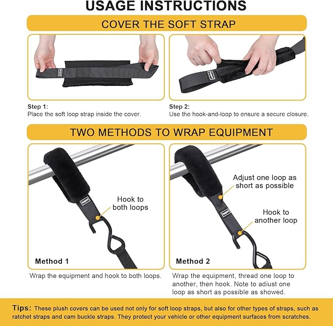 Ayaport Soft Tie Cover Set Include 4 pcs Synthetic Sheepskin Plush Covers and 4 pcs Soft Loop Tie Down Straps for Protecting Motorcycle, Dirt Bike, ATV, UTV etc. 1.5"x18"