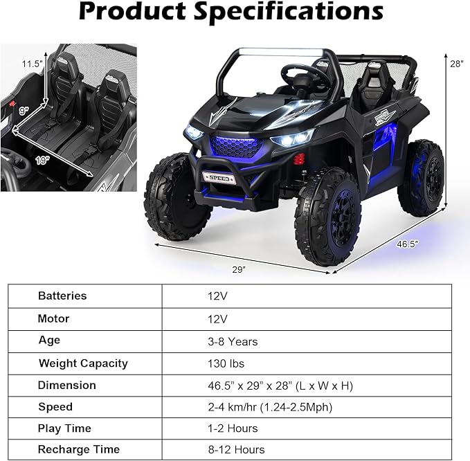 Costzon 2-Seater Ride on Car for Kids, 12V Kids' Electric Vehicles w/Remote Control, 4 Shock Absorbers, Wireless Music & FM, 3 Speeds, Ambiance Lights, Electric UTV, Kid Car Toy for Boys, Girls(Black)