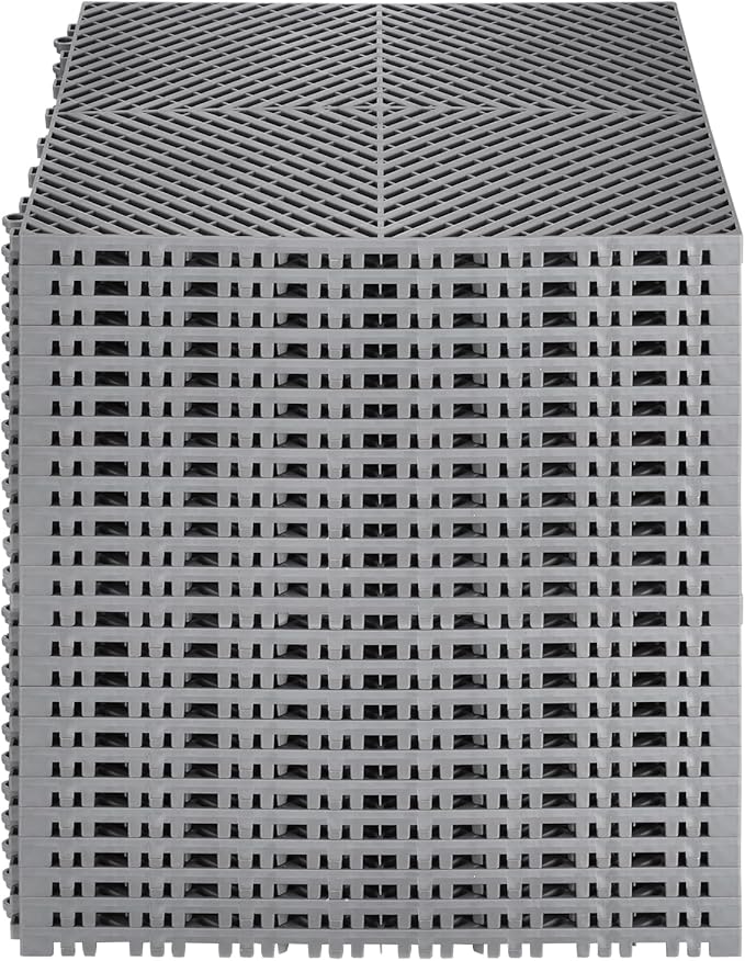 VEVOR Interlocking Drainage Mat, 15.7” x 15.7” Modular Interlocking Cushion, 24 Pcs Splicing Drainage Mats, Non-Slip Gray PP Drainage Floor Tile and Shower Mat, for Garage, Garden, Kitchen & Outdoor
