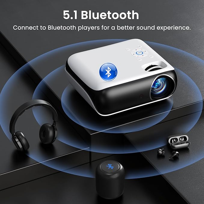 HAPPRUN Native 1080P Bluetooth Projector, Full HD Portable Outdoor Movie Projector with Built-in Speaker, Compatible with Smartphone, HDMI, USB, AV, Fire Stick, PS5 for Home, Bedroom, Outdoor Use