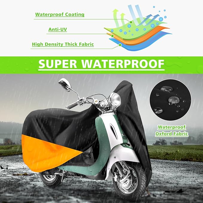 COVERVIN Scooter Outdoor Waterproof Cover, Moped Cover Vespa Cover for Honda Ruckus Yamaha 72″ Long (S, Black Orange)