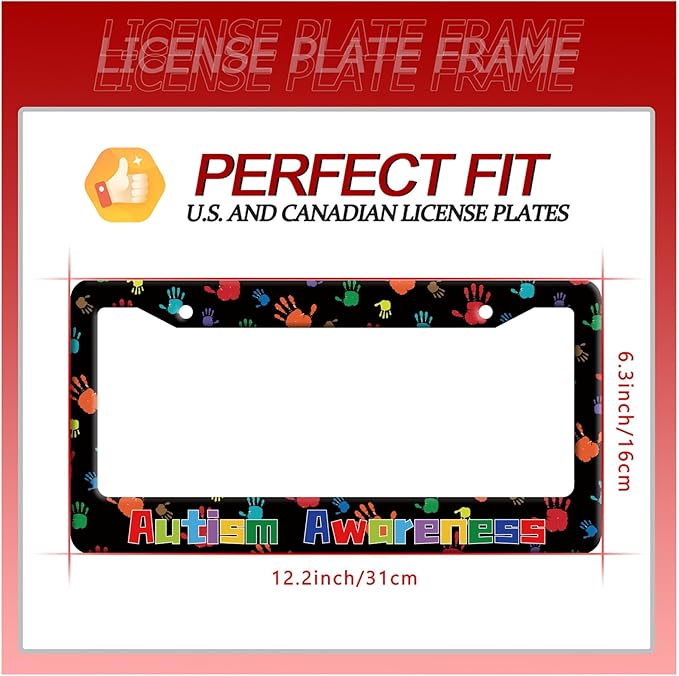 Autism Awareness License Plate Frame Colorful Handprint License Plate Frames Stainless Steel Accessories Cars Decor with 2 Holes and Screws Fits Standard US CA Vehicles Size 12.2 x 6 Inches