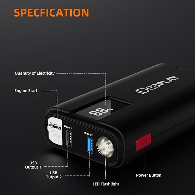 IDEAPLAY J10 Jump Starter, 2000A 12V Car Battery Jump Starter Portable for Up to 8.0L Gas and 7.0L Diesel Engine, Jump Box with Jumper Cables, Type C Fast Charging Battery Jumper with LED Flashlight