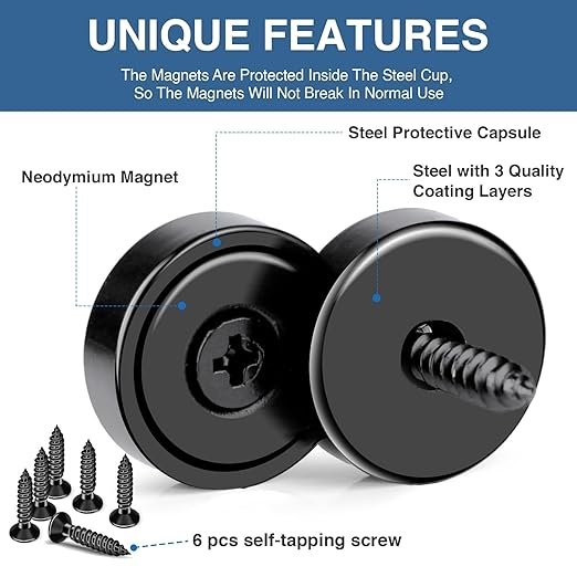 MIKEDE Rare Earth Neodymium Cup Magnets, 70LB Strong, Black, 6 Pack with Countersunk Hole Steel Capsule, Industrial Magnets with Screws for Wall Mounting
