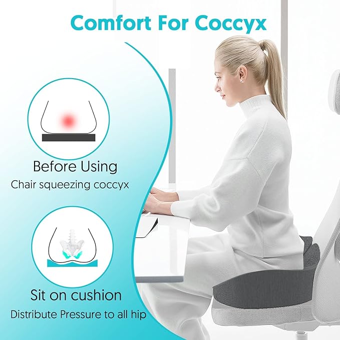 Seat Cushion for Office Chairs - Tailbone & Sciatica & Hip & Coccyx & Low Back Pain Relief Pillow - Memory Foam Pressure Relief Cushion for Long Sitting for Gaming, Compute, Desk Chair, Car Seat