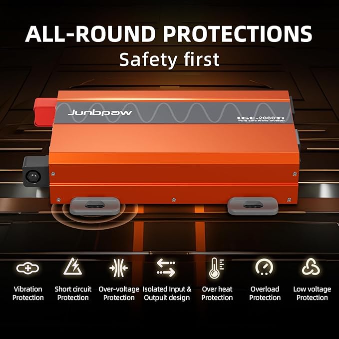 2080W Pure Sine Wave Inverter, 12V DC to 110V/120V AC, 6000W Peak, 5V/2.1A USB, Quiet Fan, Capacitor, Off-Grid Solar Power for RV, Camping, Emergency, Truck (LGE-24-2080TI)