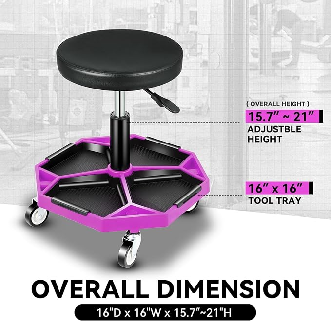 Auto Dynasty Mechanic Stool, Adjustable Rolling Pneumatic Creeper Garage Shop Seat with Tool Tray, 300 LBS Roller Seat for Workshop Auto Repair, Adjustable Height 15.7" to 21", Purple