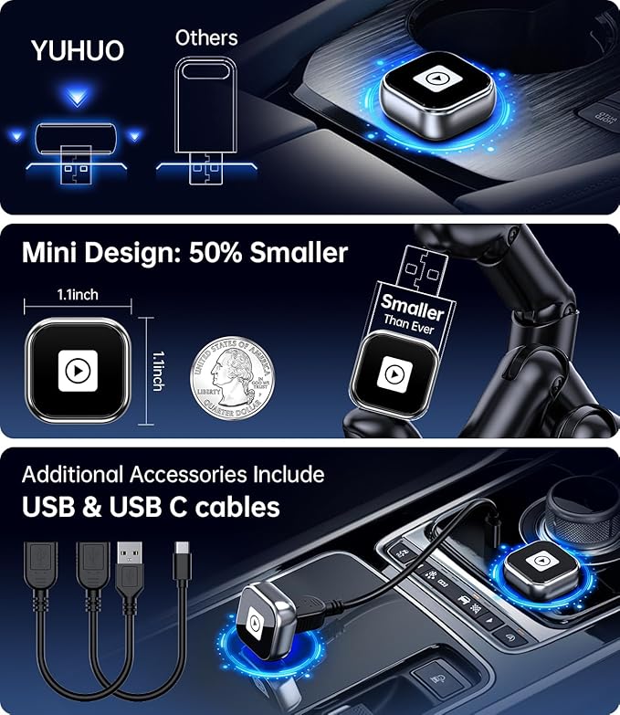 Wireless Carplay Adapter, 2025 Upgrade Mini USB Design for Car Play & Android Auto, Easy Use Fast Stable Connection for iPhone