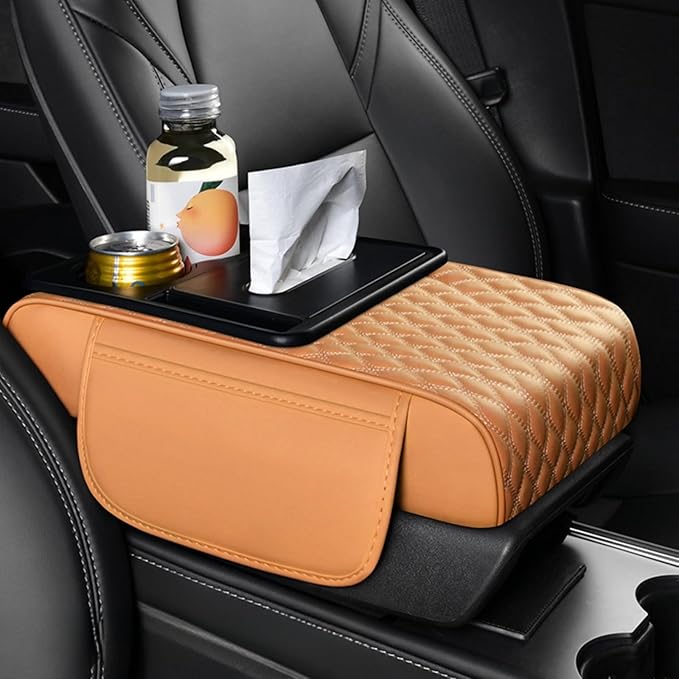 Center Console Cover Organizer, 5-In-1 Arm Rest Cover for Car with Cup Holder & Storage Pocket & Tissue Holder, Armrest Cover Cushion Pad, Water Ripples, Orange
