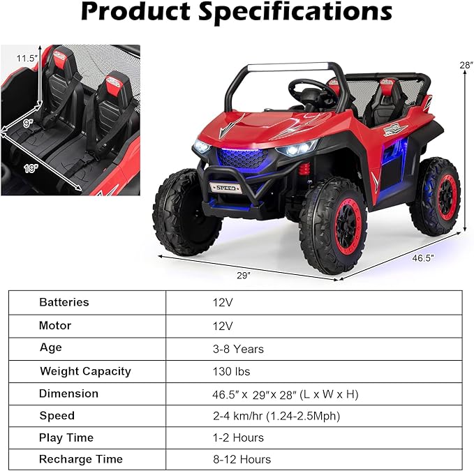 Costzon 2-Seater Ride on Car for Kids, 12V Kids' Electric Vehicles w/Remote Control, 4 Shock Absorbers, Wireless Music & FM, 3 Speeds, Ambiance Lights, Electric Car UTV for Boys Girls (Red)