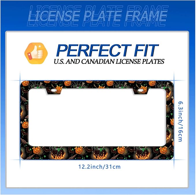 Halloween License Plate Frame Pumpkin Bats License Plate Stainless Steel Funny License Plate Holder for Men Women Universal Colorful Car Accessories Decoration 12.3" x 6.3"