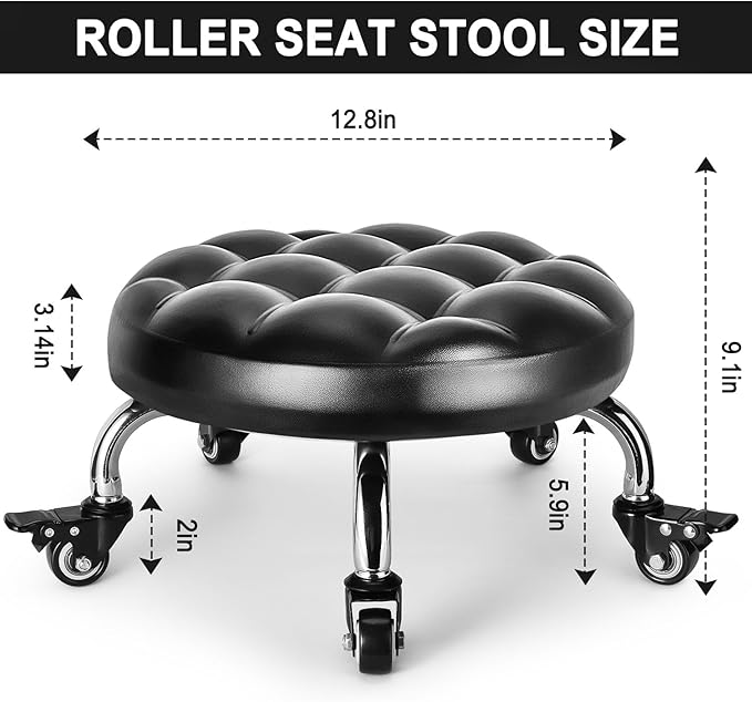 Low Rolling Stool, Low Stool with Wheels, PU Leather Low Roller Seat Stool Chair, Rolling Seat Stool for Home Office Garage Shop (Style 1)