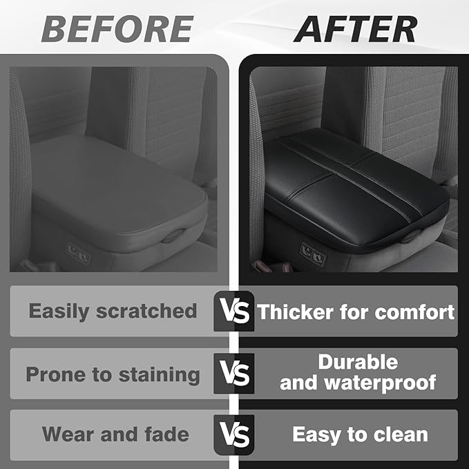 Muslogy Center Console Armrest Cover Compatible with Dodge Ram1500/2500/3500 2002-2012 Comfort Armrest Pad Arm Rest Cushion Vegan Leather Protector 1-Inch Extra Thick(Jump Seat ONLY)