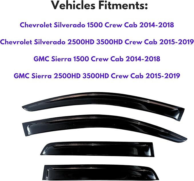 KPY Window Visor for 2014-2018 GMC Sierra & Chevrolet Chevy Silverado 1500, 2500HD 3500HD 2015-2019, 4PC Rain Guards Tape-On Style, 2014 2015 2016 2017 2018 2019 (Crew Cab Only)