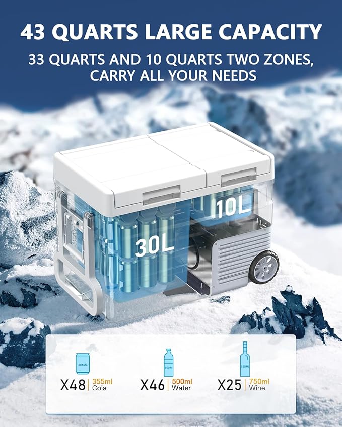 ELECAENTA 12 Volt Refrigerator, 43qt Dual Zone Car Fridge, Portable Freezer -4℉~68℉, Support DC/AC/Solar (Detachable Battery Optional), Electric Cooler for Camping Travel Fishing Road Trips